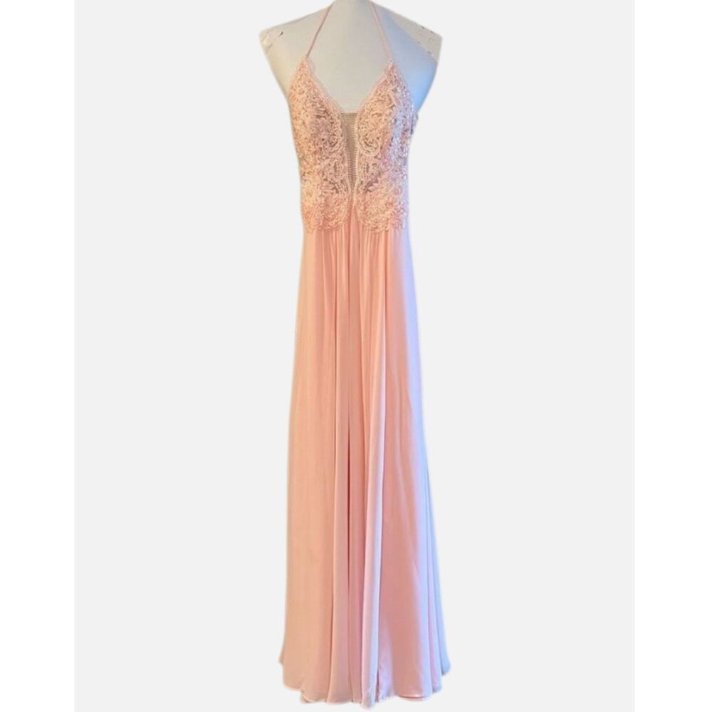 Faviana Pink Beaded Halter Open Back Prom Evening Gown Formal Maxi Dress Size 2